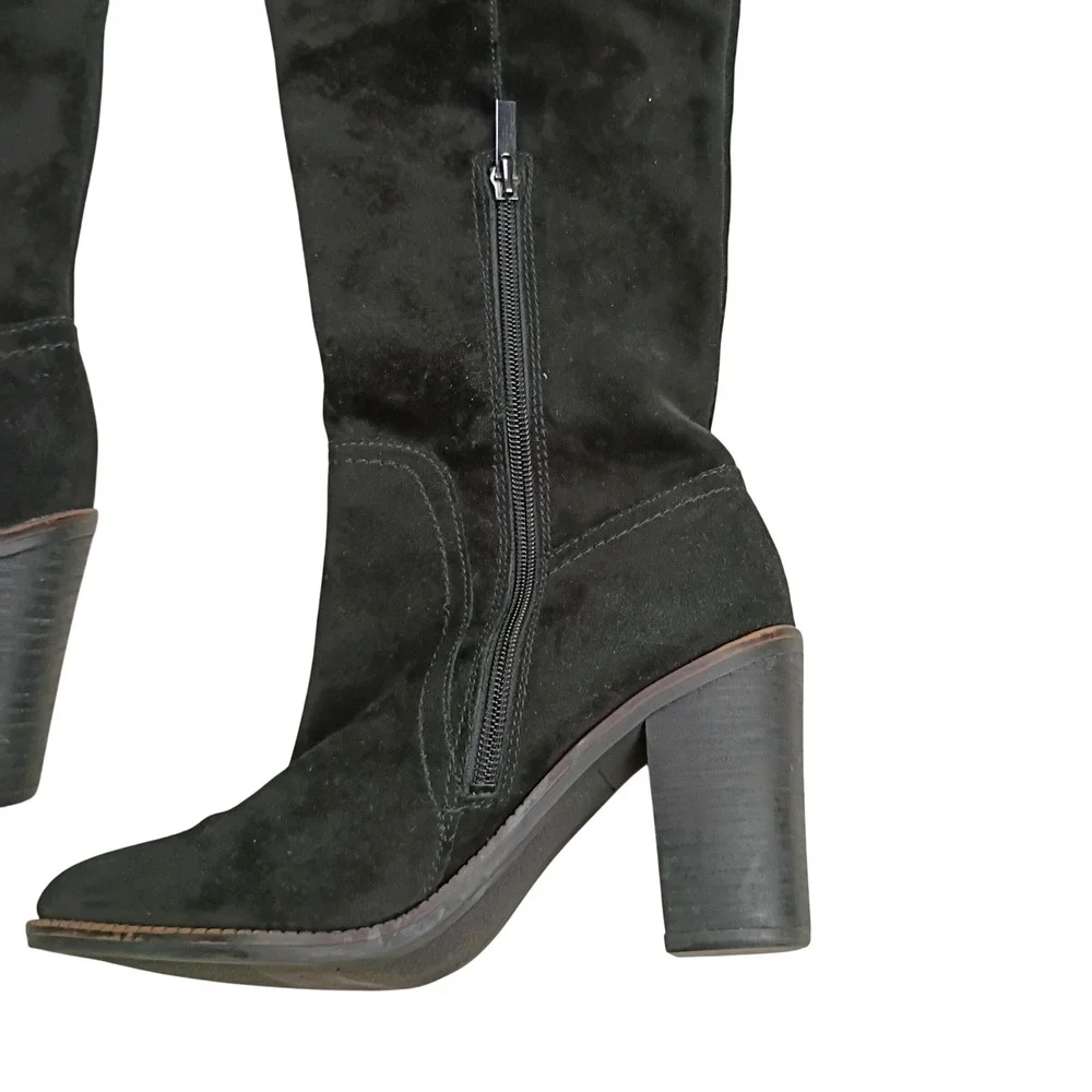 Franco Sarto Over the Knee Boots Womens 8.5 Black Suede Block Heel Fringe